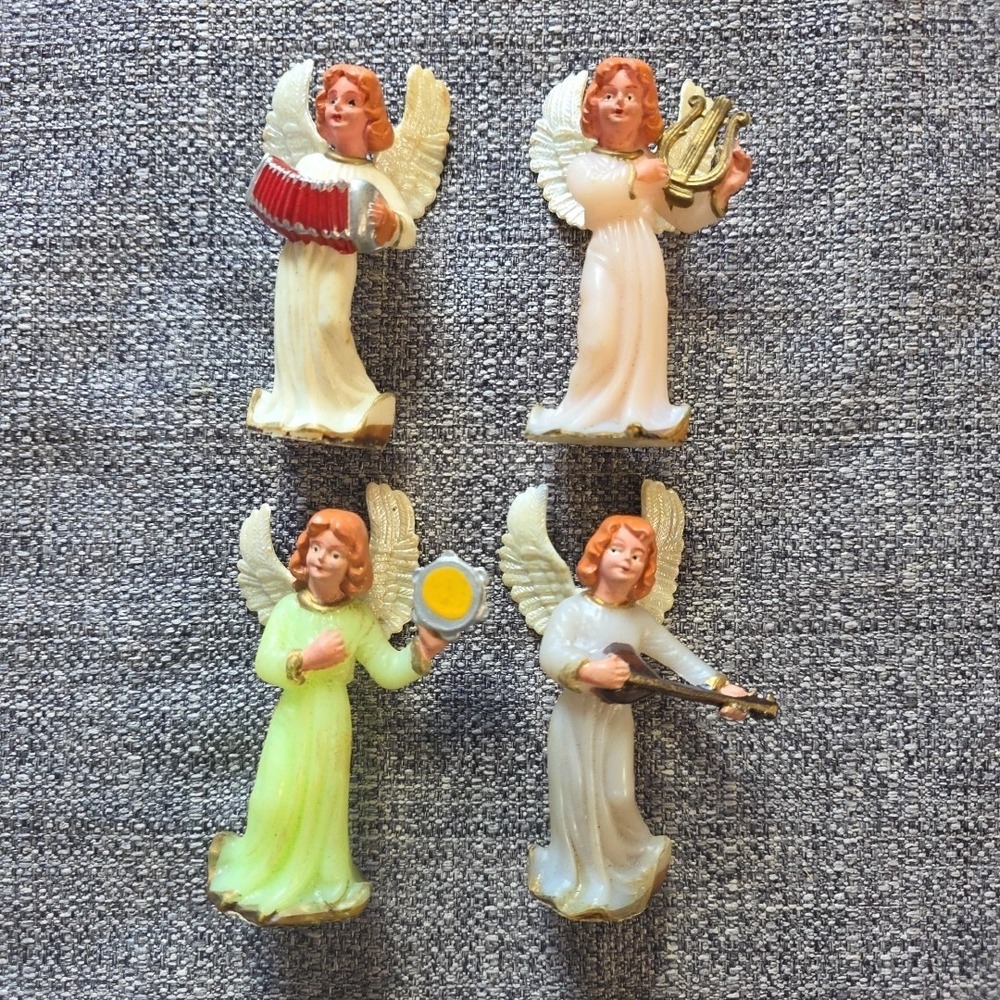 Lot of 4 Vtg 2" Mini Angel Musician Ornaments Plastic Glitter Hong Kong
